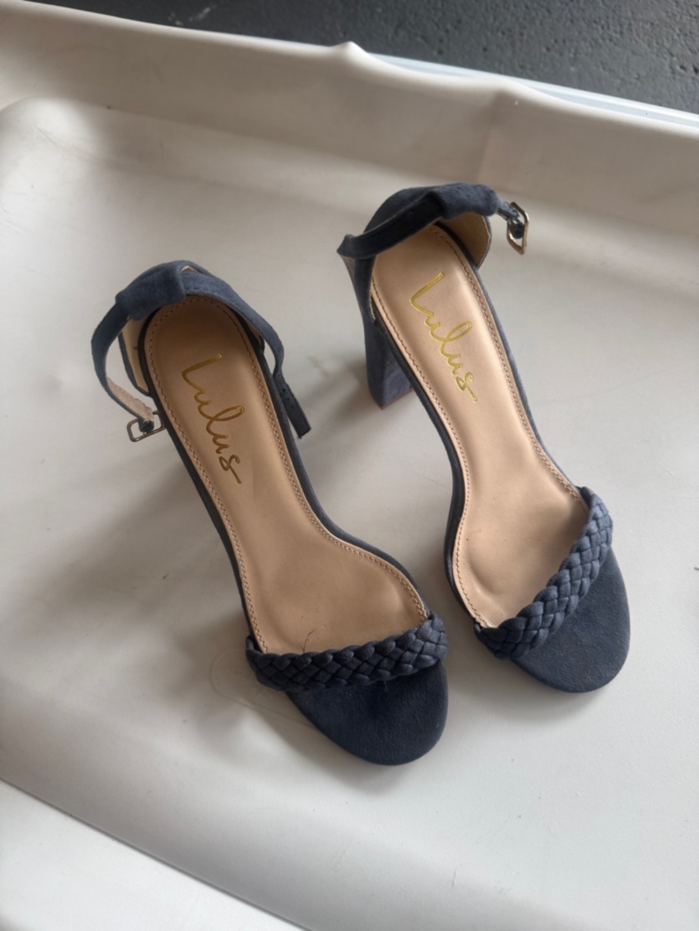 Lulu's Dark Navy Braided Strap Block Heel Sandals